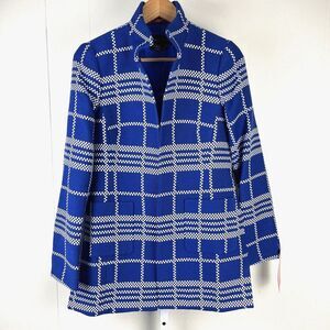 Nina McLemore Geometric Plaid Car Coat‎ Jacket Blue White Womens Size 2 New NWT